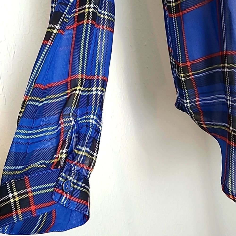E hangar M Royal Blue Plaid Sheer Top w/Gold Accent Neckline, Size Large - Picture 5 of 11